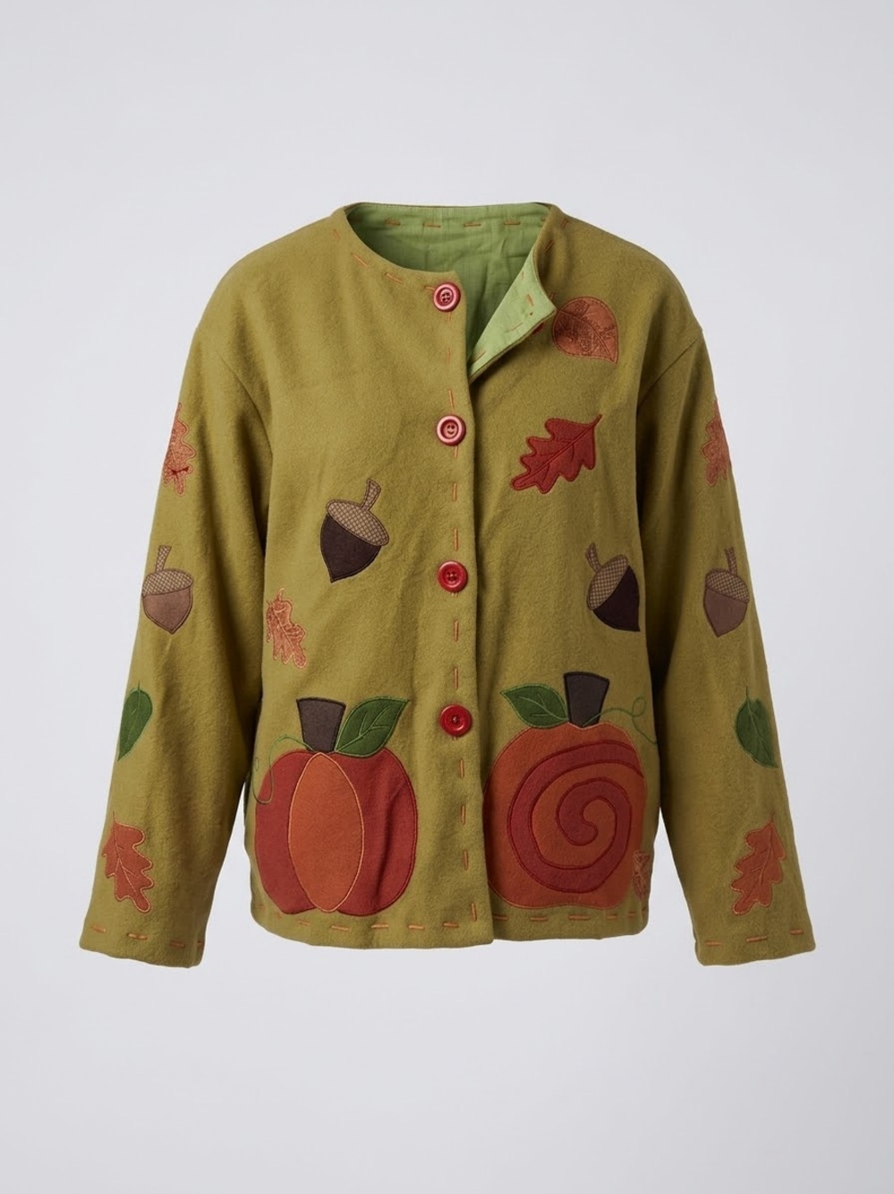 VTG 90s Y2K Autumn Pumpkin Leaf Applique Fleece Jacket Mustard Cardigan L Lined - Picture 1 of 16